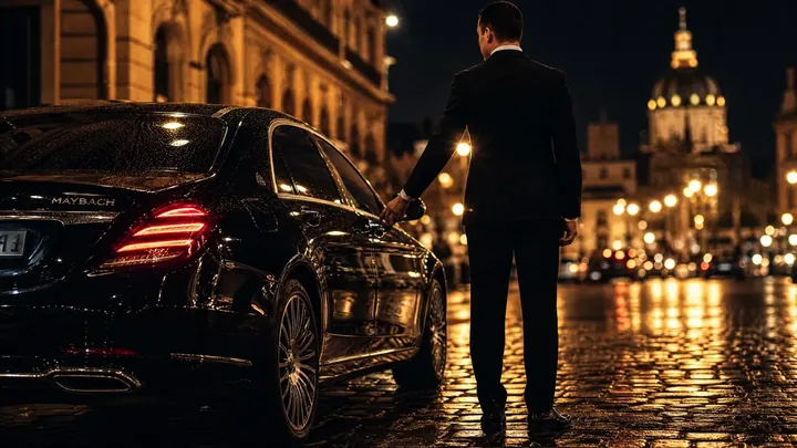 Luxury Mercedes-Benz S-Class in front of a Grand Hotel at night